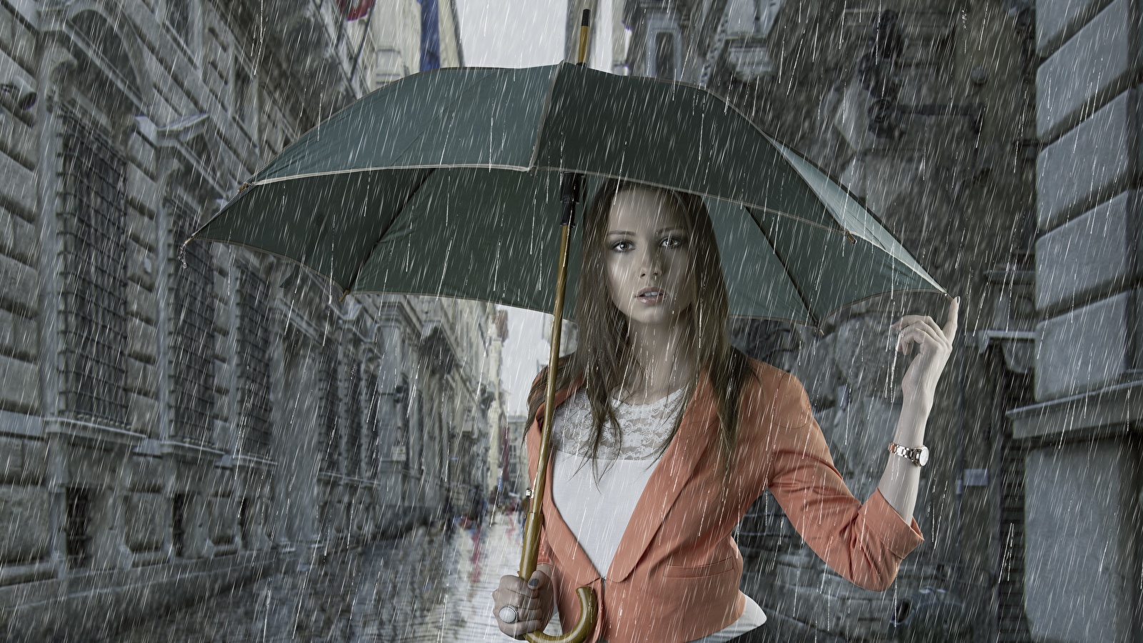 Девушка с зонтом под дождём