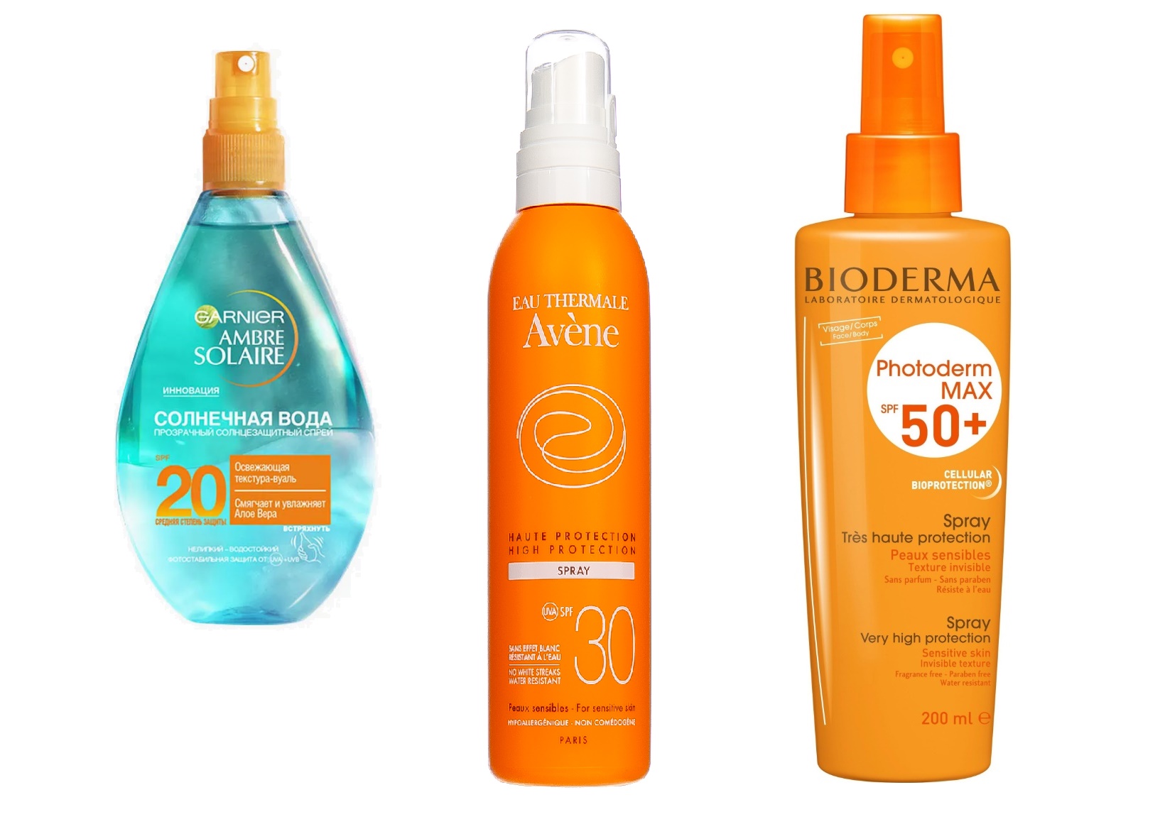 Солнцезащитные спреи для лица марок Garnier, Avene и Bioderma