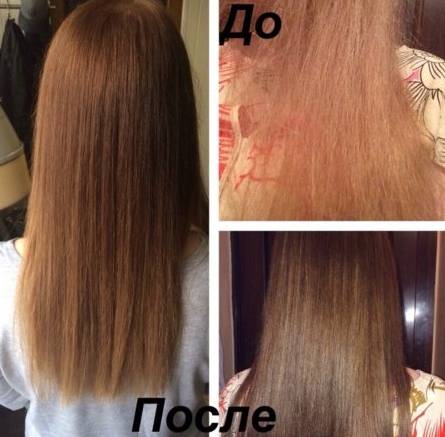Волосы девушки до (в правом верхнем углу) и после проведения пирофореза