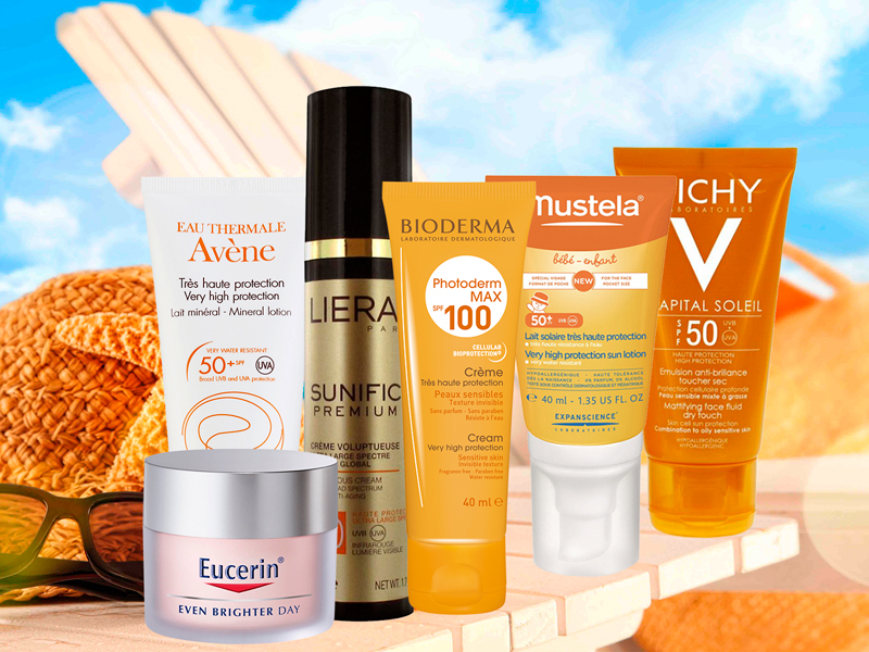 Тюбики с солнцезащитными кремами компаний Avene, Eucerin, Lierac, Bioderma, Mustela, Vichy